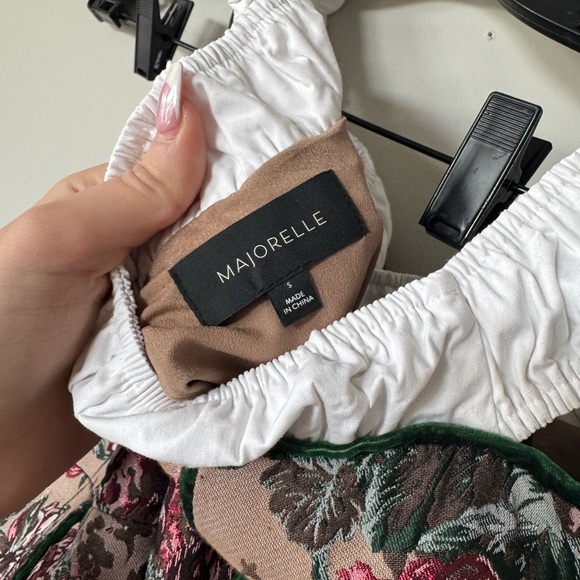 MAJORELLE Off-Shoulder Floral Lace-Up Mini Dress in Beige, Pink and Green - Picture 5 of 5